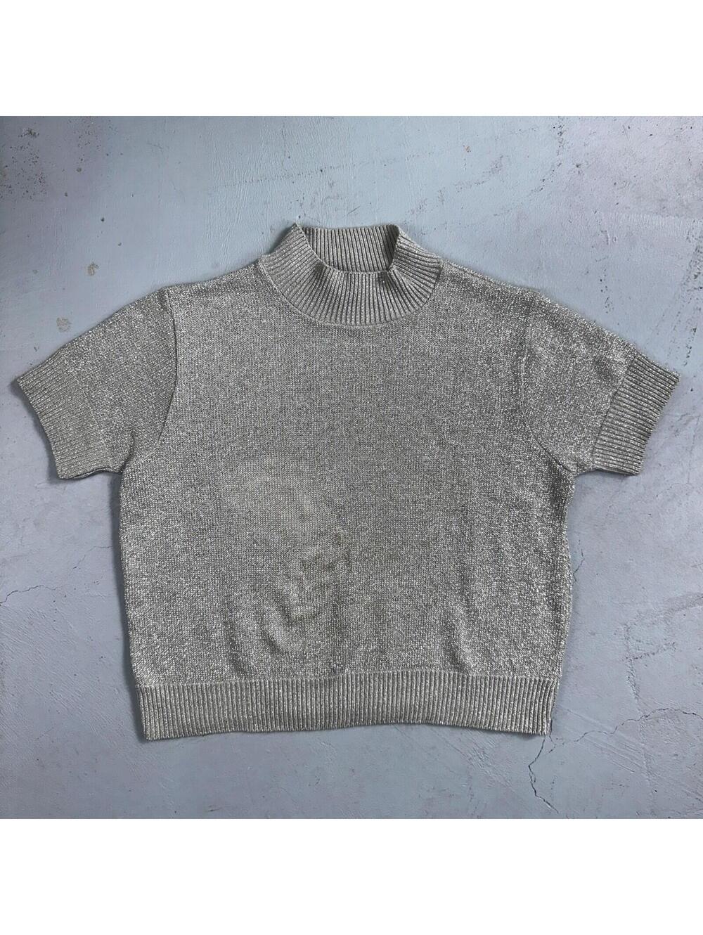 BFA Classics Womens Knit Short Sleeve Sweater Size Small Silver Sparkly Cute